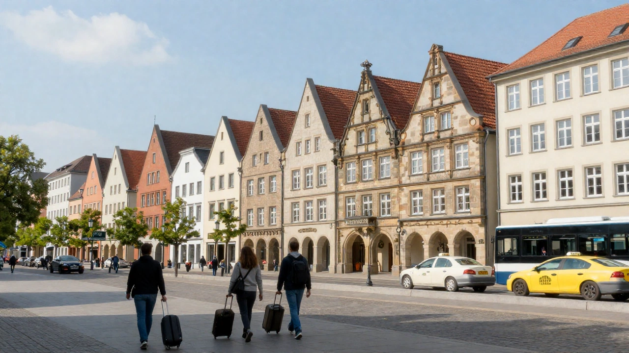 A serene European cityscape blending traditional German architecture with subtle signs of travel