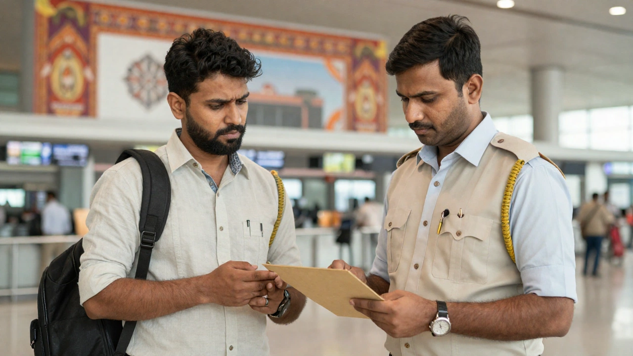 a traveler at the immigration checkpoint inside an Indian airport, an immigration officer checking documents