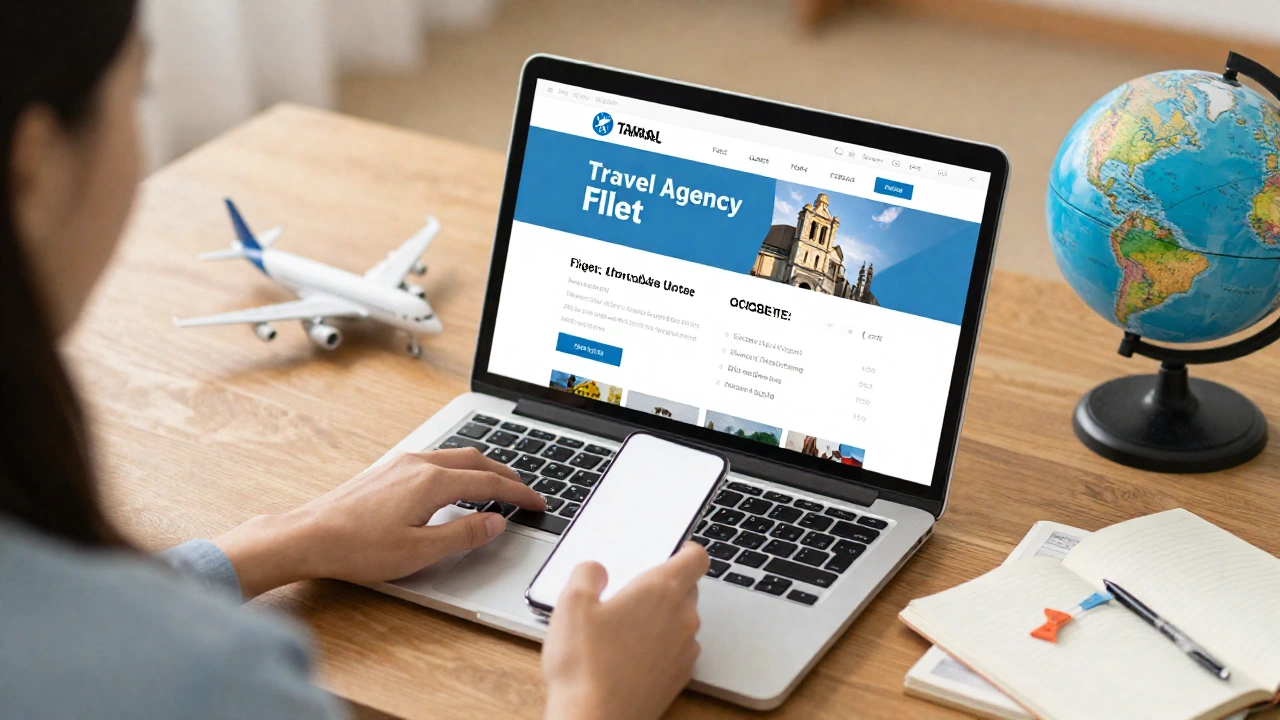 a comfortable travel agency or online service setting with a relaxed traveler using laptop