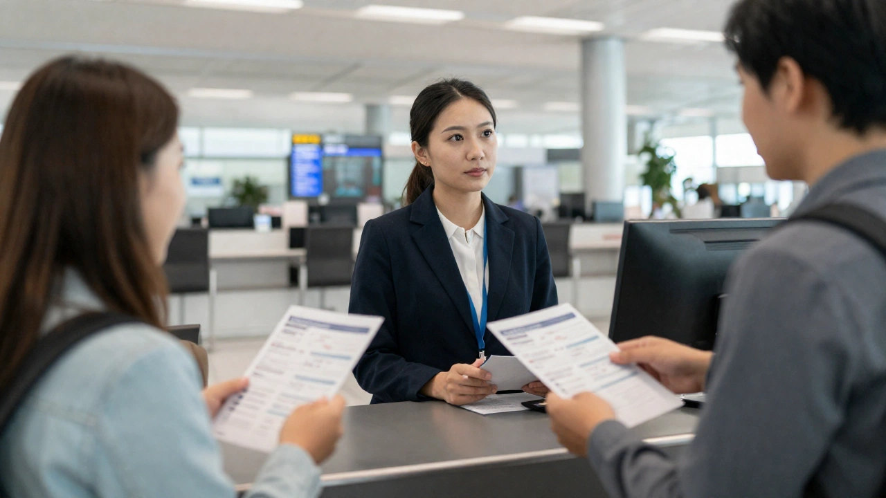 An airline check-in counter at a modern airport with travelers interacting with airline staff, presenting travel documents and flight reservations, conveying anticipation and preparation for an international journey.