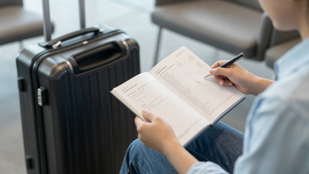 A traveler calmly organizing travel documents including flight tickets and accommodation confirmations in a comfortable airport lounge, surrounded by luggage and soft natural light, evoking a sense of readiness and ease before boarding.
