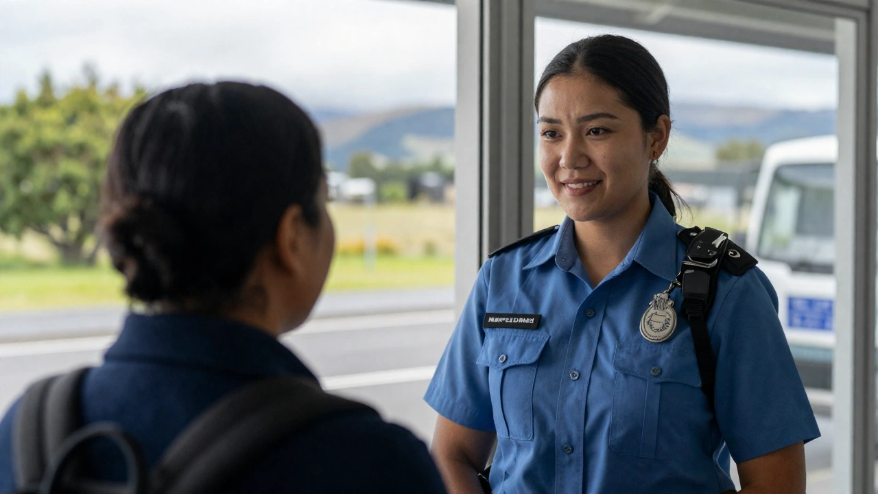 a close-up scene at a border immigration checkpoint in New Zealand showing an immigration officer interacting with an arriving traveler, with subtle elements evoking New Zealand such as a glimpse of lush greenery or iconic natural scenery visible outside the window, conveying a mix of formality and welcoming atmosphere