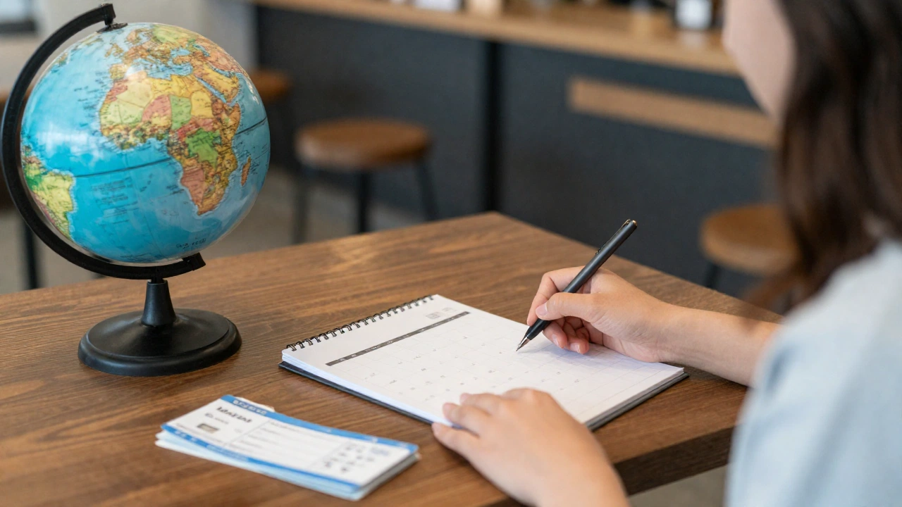 a peaceful scene depicting a traveler planning their trip at home or in a cozy café, surrounded by travel paraphernalia like a globe, a calendar, and flight tickets, radiating a sense of preparation, calm, and excitement for a New Zealand journey