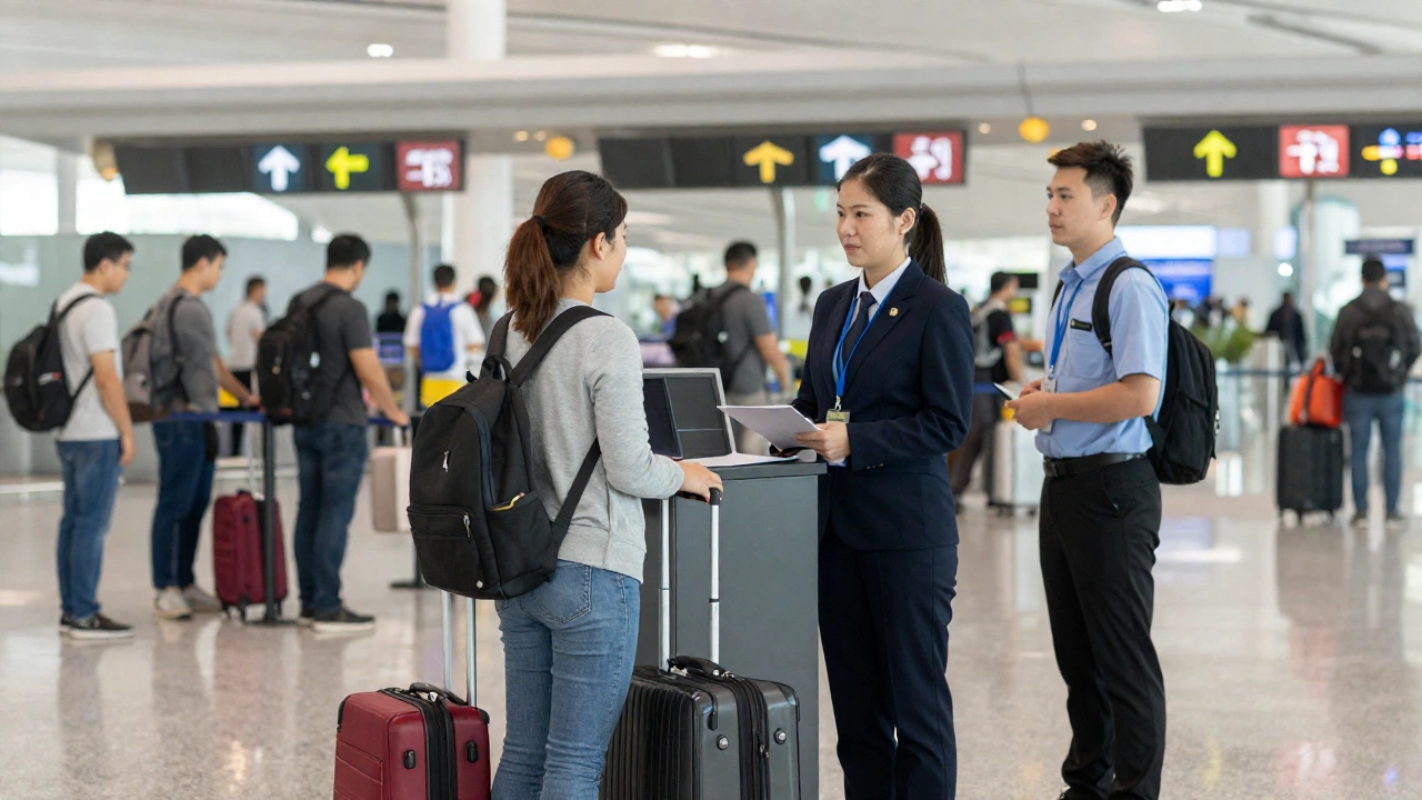 airport immigration checkpoint with traveler and officer