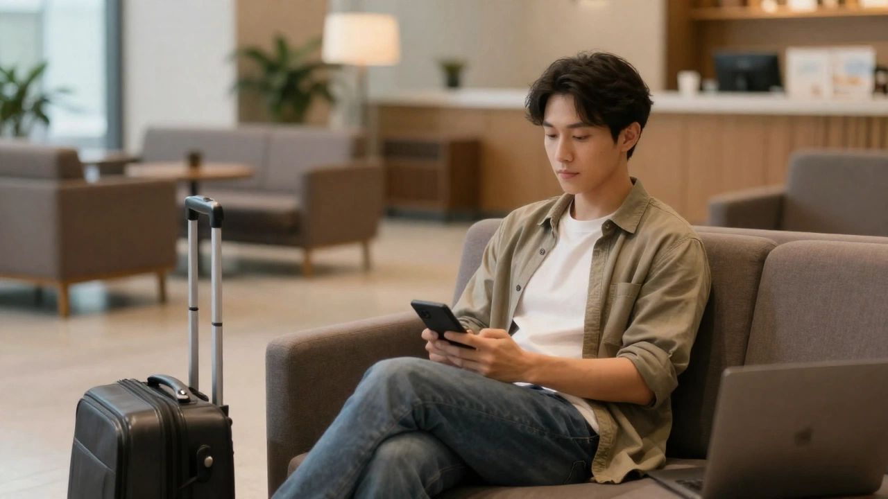 calm traveler relaxing in hotel lobby or airport lounge