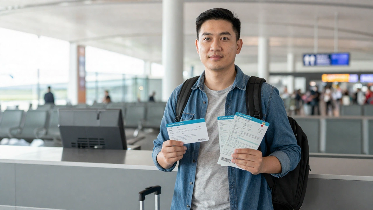 traveler showing return or onward flight ticket and hotel booking at airport counter