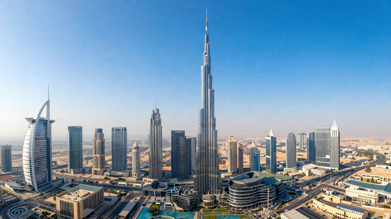a serene and vibrant aerial view of the UAE skyline, featuring iconic landmarks like the Burj Khalifa surrounded by clear blue skies and desert landscape, evoking the excitement of a Dubai visit