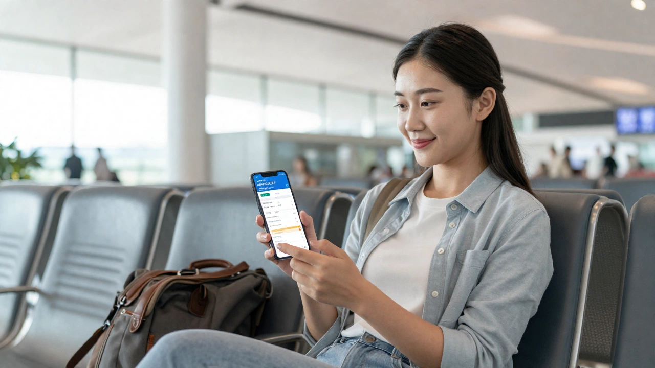 a relaxed traveler sitting at an airport lounge with a peaceful smile, holding a smartphone showing flight confirmation, symbolizing the ease and confidence of having a confirmed onward or return flight ticket