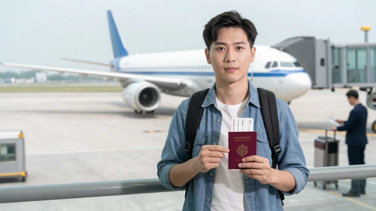 A traveler holding a confirmed airline ticket and a passport, standing confidently at an airport boarding gate, with background showing planes on the tarmac and airport staff assisting passengers, conveying readiness and smooth travel.