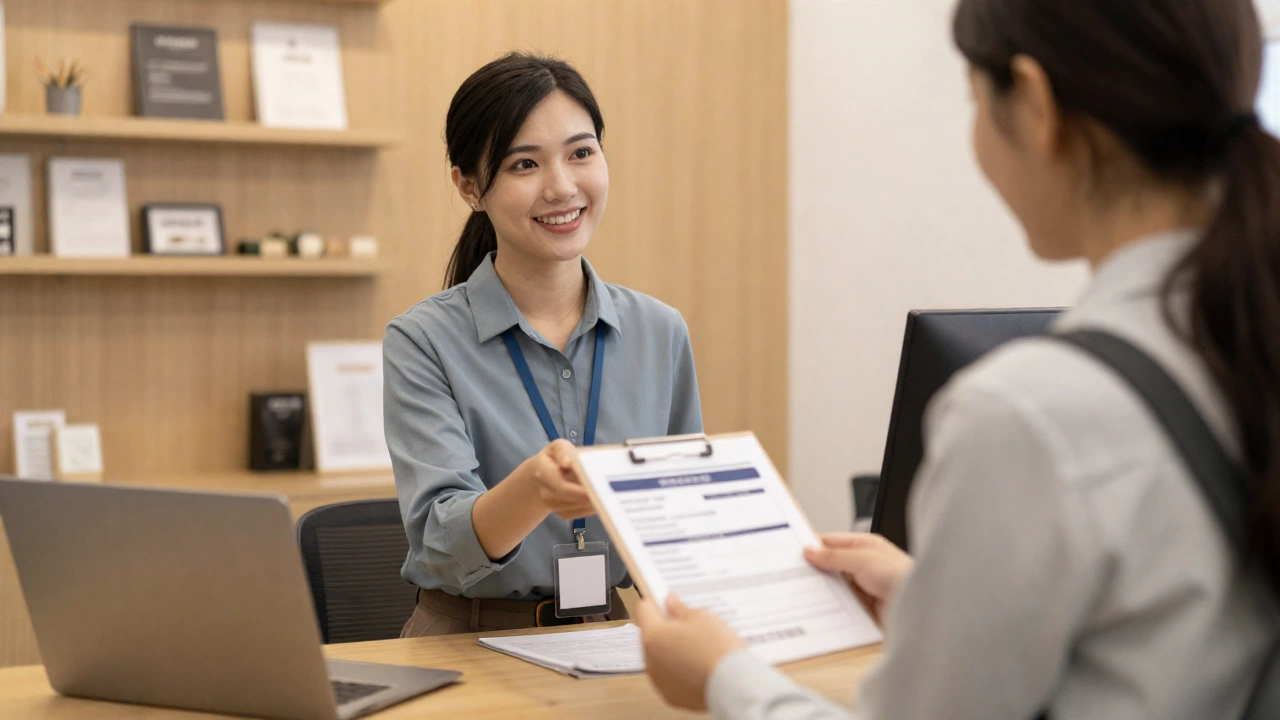 A cozy travel agency or booking office setting with a friendly agent assisting a traveler to secure refundable flight and hotel reservations, warm lighting creating a welcoming and reassuring atmosphere.