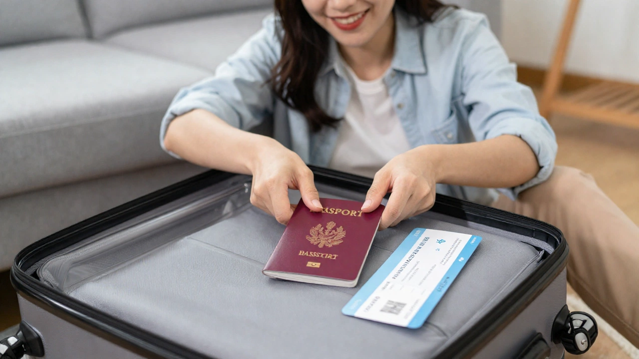 Traveler preparing for journey with travel essentials