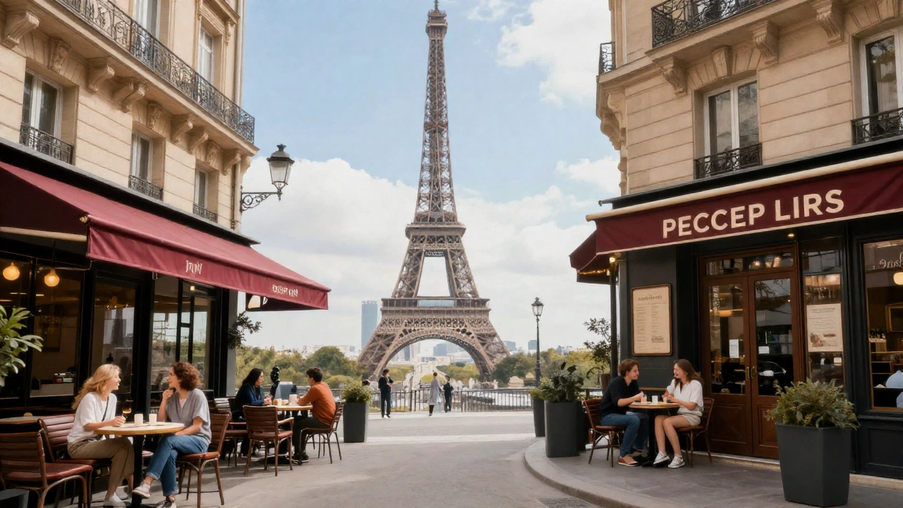 A cozy European street scene featuring iconic French elements like cafes, the Eiffel Tower in the background, and travelers happily enjoying their stay, symbolizing successful entry and the joy of visiting France.