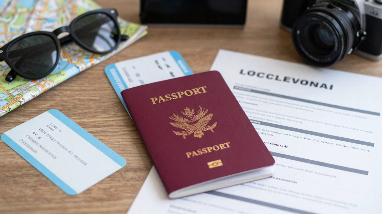 Travel essentials laid out on table including passport and tickets