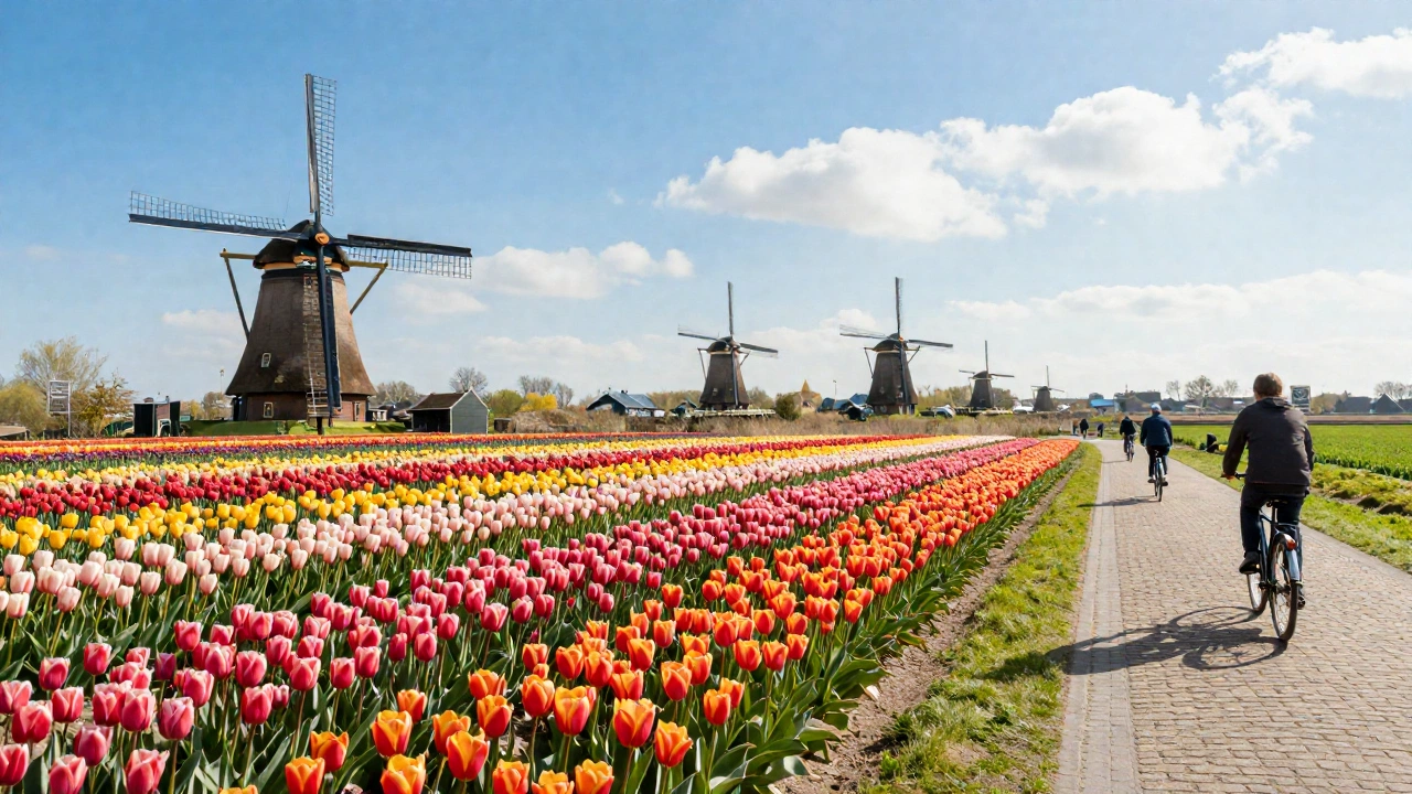Tulip fields and windmills in Dutch countryside