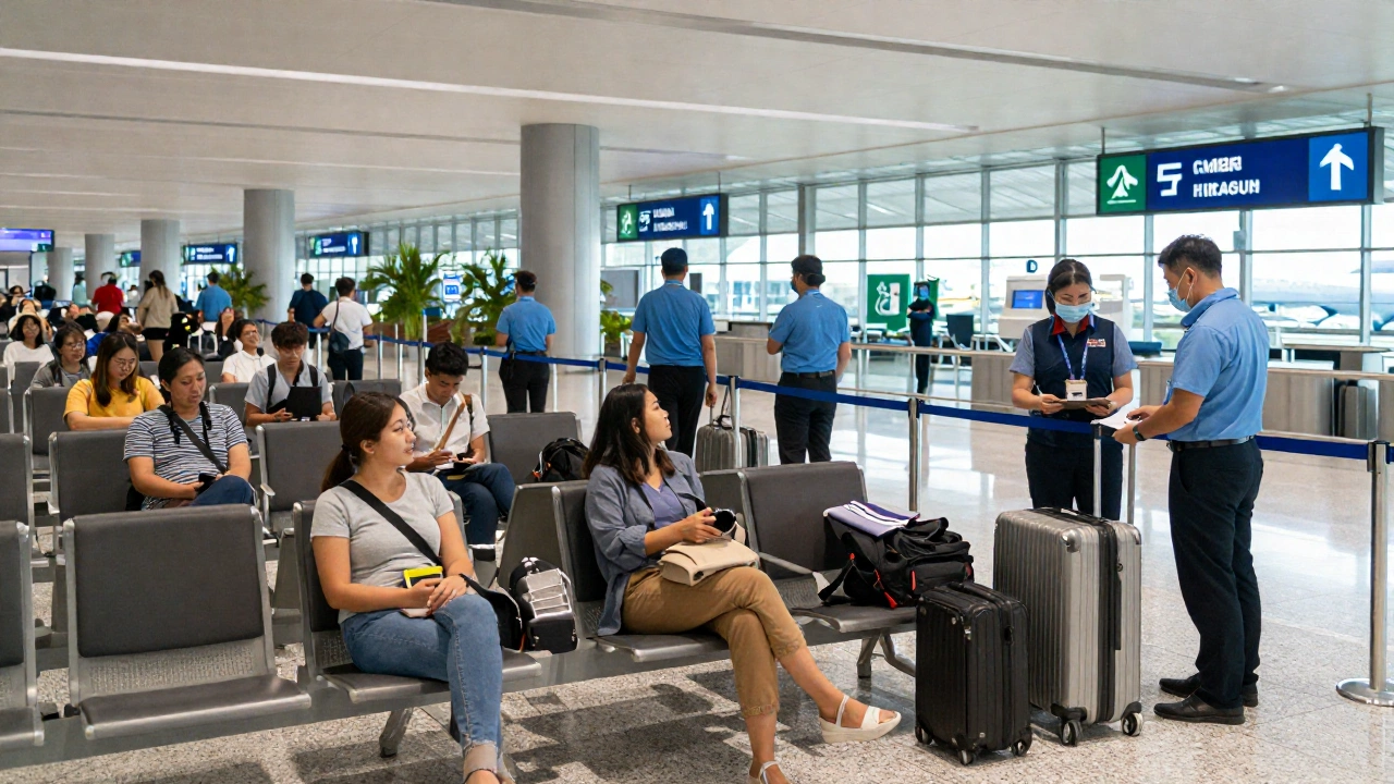 A departure area in a Philippine airport with travelers waiting in line, some appearing relaxed as they prepare to board flights, with clear visual cues of airline staff assisting passengers, illustrating the more relaxed ticket checking on exit.