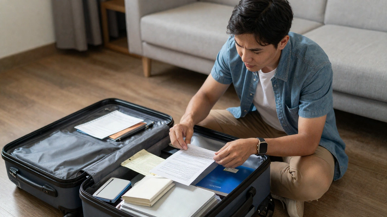 A traveler packing their suitcase at home or in a hotel room, surrounded by travel documents and gadgets, looking focused and prepared, symbolizing the practical tips and preparation needed for smooth travel through Philippine immigration.