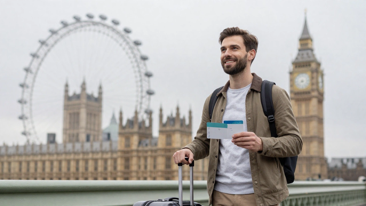A traveler holding a valid flight ticket and smiling confidently, standing near a suitcase, with the iconic London skyline including the London Eye and Big Ben in the background