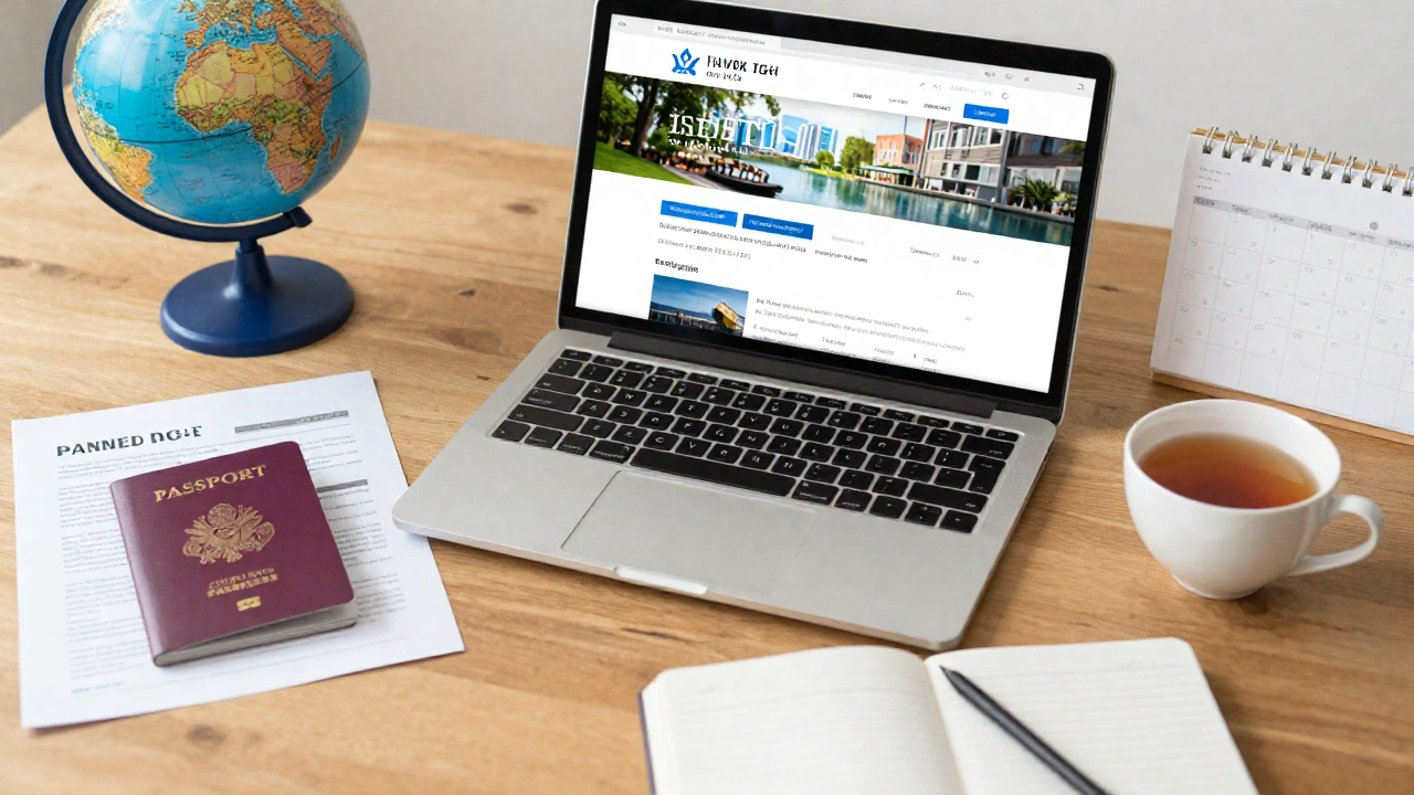 A cozy travel planning scene with a laptop, passports, and travel documents on a table, alongside a globe and cup of tea