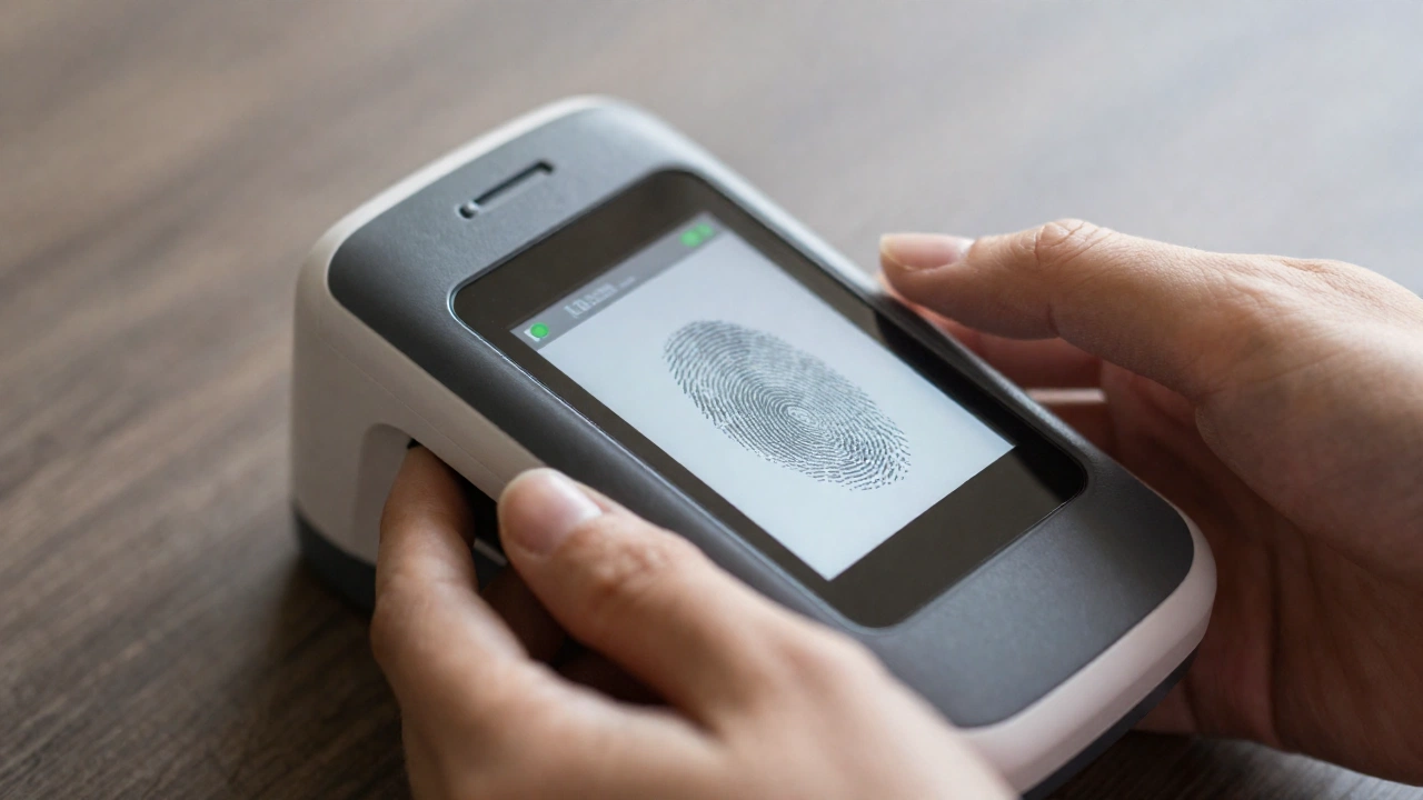 a close-up scene of a person having their fingerprints scanned electronically using a high-tech inkless fingerprint scanner