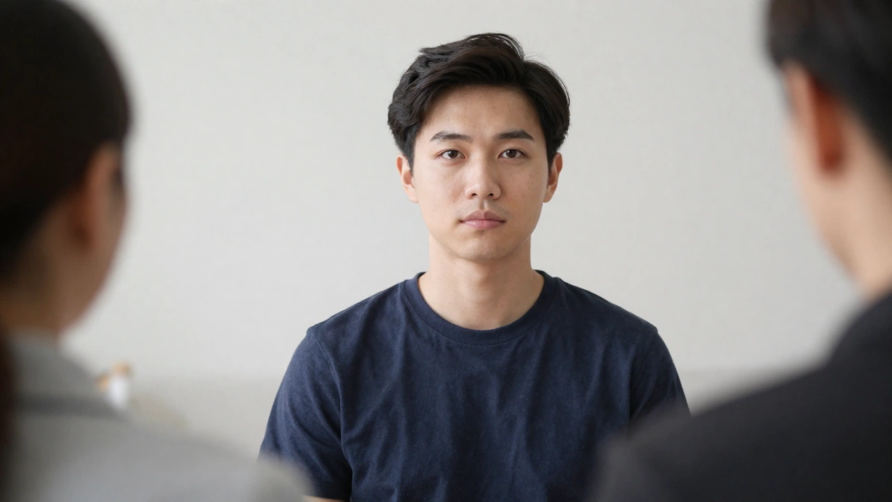 a person sitting for a digital photograph session at a visa biometrics appointment