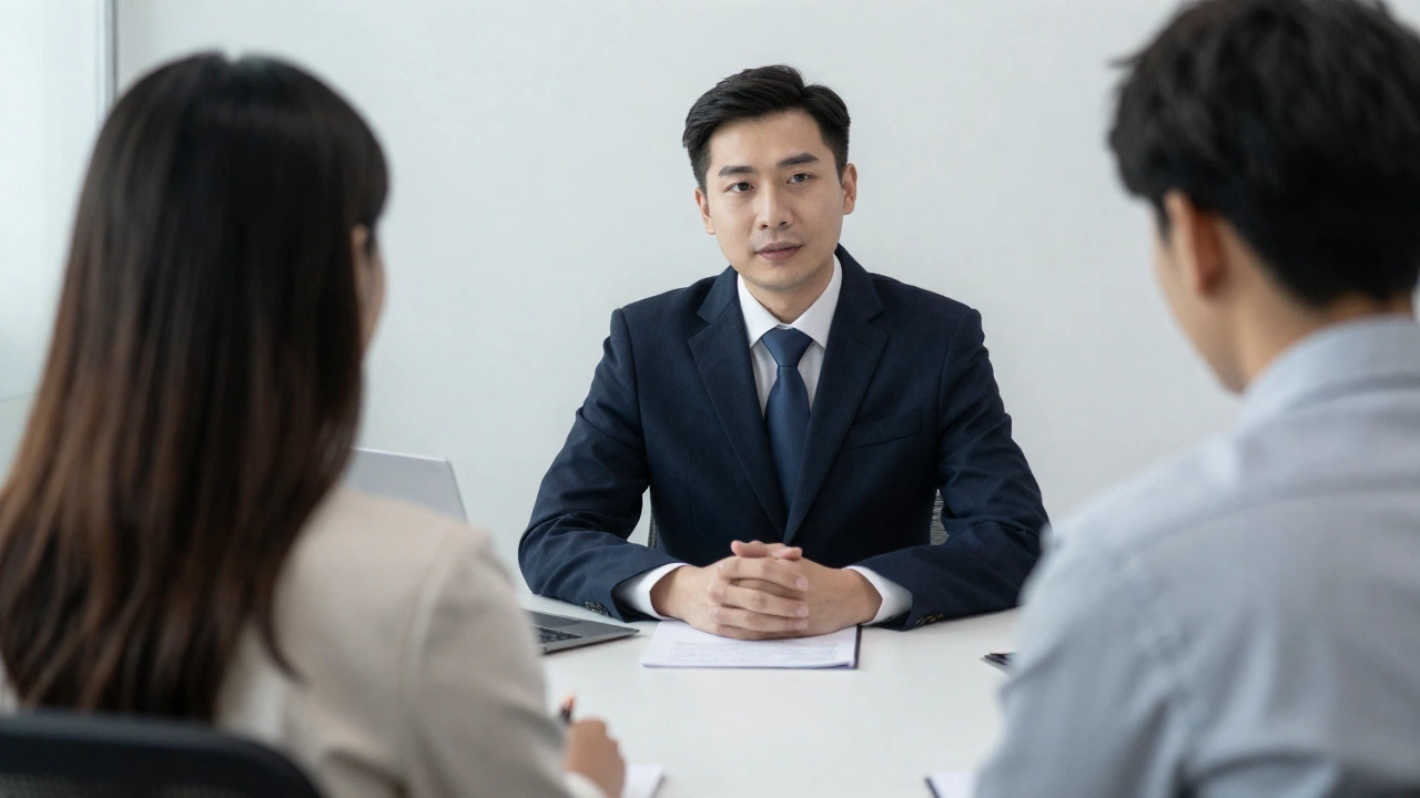 A formal visa interview scene with an applicant sitting across from a consular officer in an office setting, capturing the intensity and anticipation of the moment without any visible documents or screens