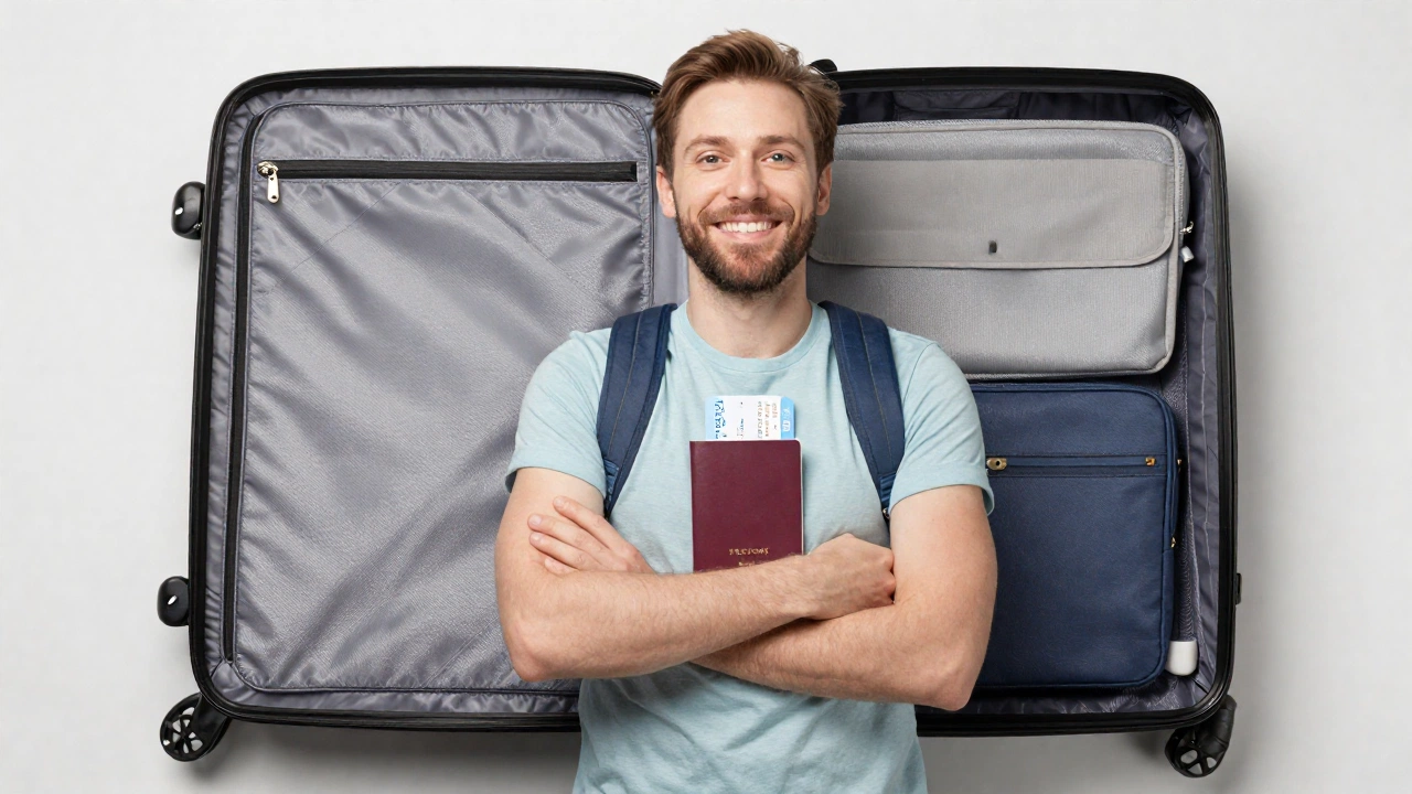 A hopeful traveler packing a suitcase beside a neatly organized arrangement of travel essentials like a passport, tickets (without text), and travel gear, symbolizing readiness and confidence for the upcoming trip