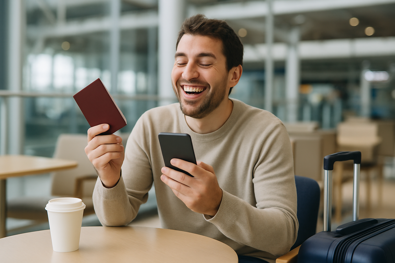 A traveler at a travel agency desk discussing return ticket options for visa applications.