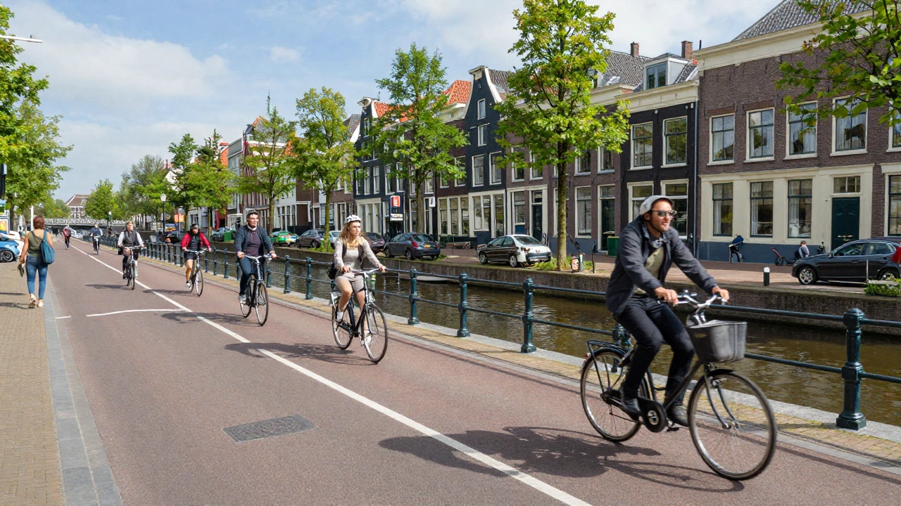 A calm and picturesque city scene in the Netherlands featuring a network of bike lanes with cyclists enjoying a sunny day, charming canal houses in the background, and friendly locals walking along the streets, conveying a serene and welcoming atmosphere.