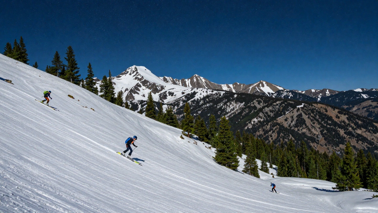 A panoramic mountain landscape in Big Sky, Montana, showing snowy slopes with skiers during winter and lush green trails with hikers and mountain bikers in summer; a clear night sky filled with countless stars illuminating the serene nature setting.