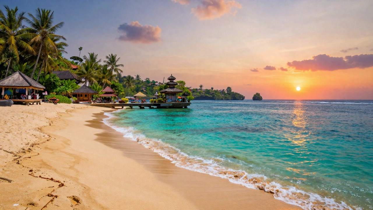 A serene coastal landscape in Bali, Indonesia, featuring golden sandy beaches, crystal-clear turquoise water, traditional Balinese temples near the shore, and a breathtaking sunset casting warm orange and pink hues over the tropical paradise.