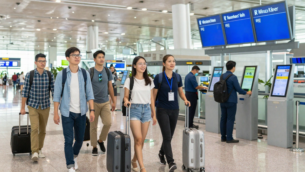 A diverse group of travelers happily arriving at a busy international airport in Thailand, showing scenes of smooth and efficient immigration with friendly officers and digital kiosks, evoking a sense of ease and modernity.