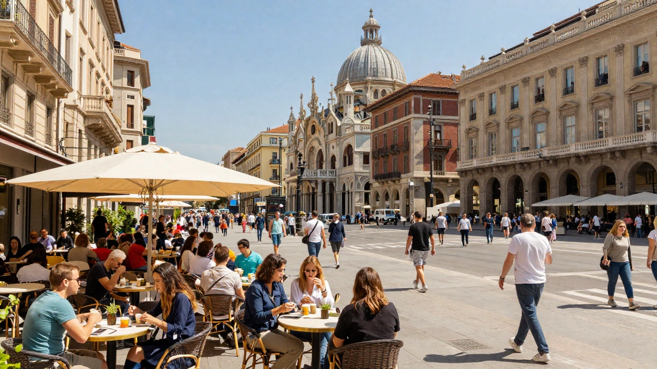 A lively European cityscape featuring famous landmarks, bustling outdoor cafes, and people enjoying a sunny day in cities like Barcelona or Lisbon, showcasing the sophisticated lifestyle and vibrant culture for digital nomads in Europe.