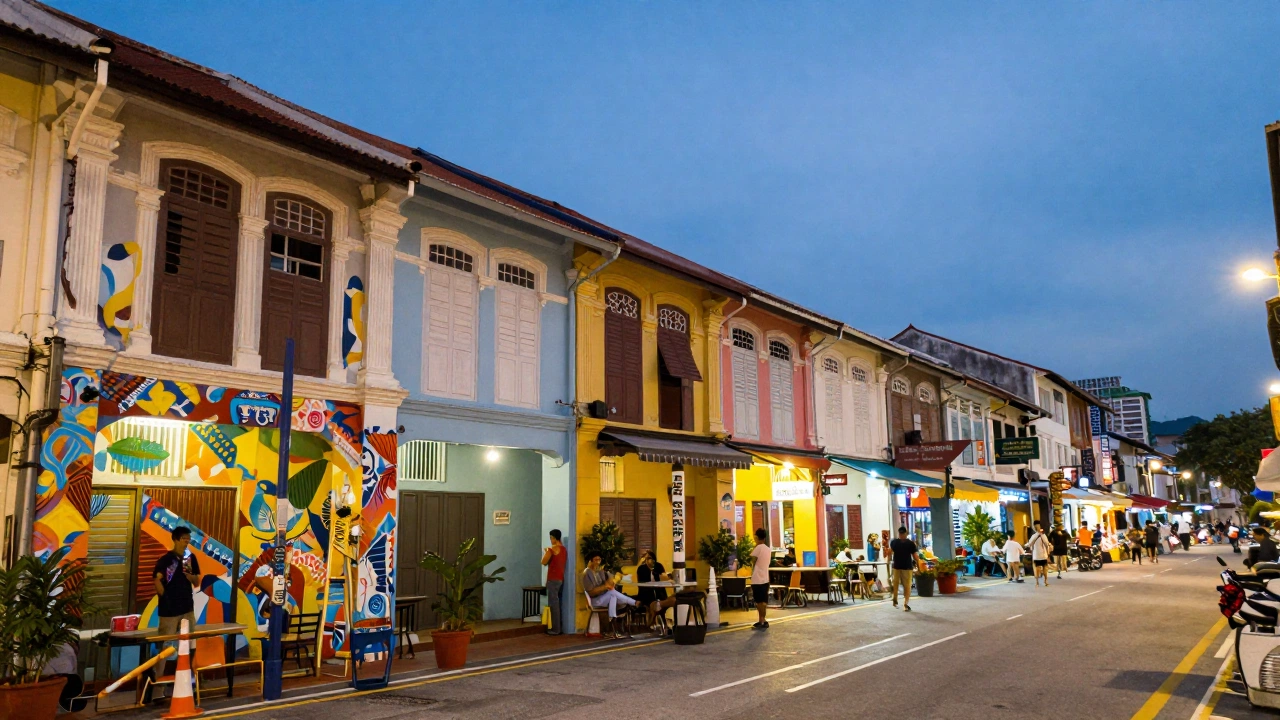 A charming urban scene in Penang, Malaysia, featuring colonial-style buildings, vibrant street art murals, and locals enjoying the evening at outdoor night markets, illustrating a budget-friendly yet culturally rich travel destination.
