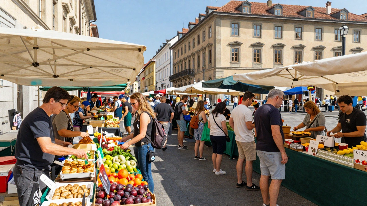 A lively outdoor market or street food scene in a European city, showing bustling stalls with locals and tourists sampling diverse affordable foods, colorful fresh produce, and a backdrop of historic buildings and vibrant city life under a bright, sunny sky.