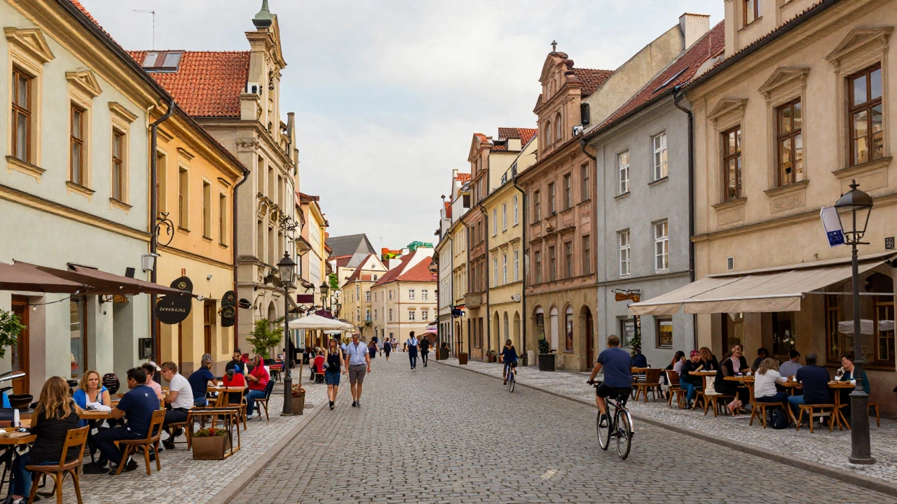 A charming medieval European city street scene in Poland or the Czech Republic, with cobblestone streets, historic architecture, cozy outdoor cafes filled with people, and locals and travelers walking or cycling, evoking a warm and inviting atmosphere.