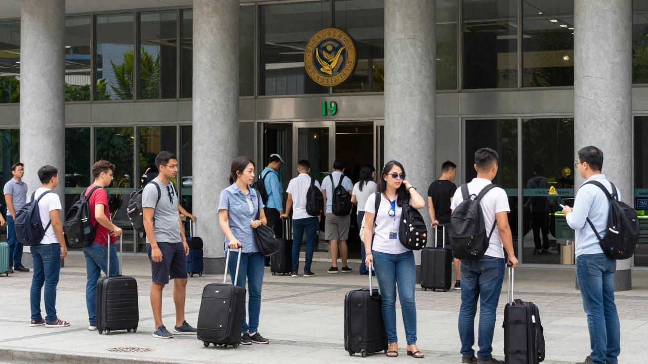 A busy international consulate or embassy exterior with travelers of diverse backgrounds patiently waiting, some carrying luggage, in a bustling urban setting under bright daylight.