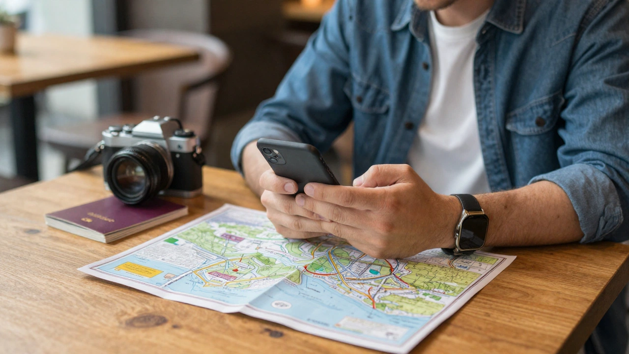 A traveler sitting at a cozy cafe with a smartphone in hand, surrounded by travel essentials like a passport, camera, and a map spread on the table, looking organized and relaxed while planning a trip itinerary.
