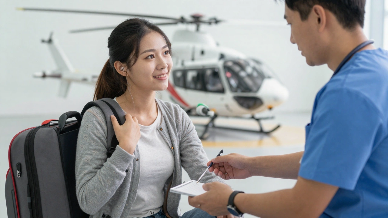 Traveler receiving medical assistance abroad in clinic with evacuation helicopter