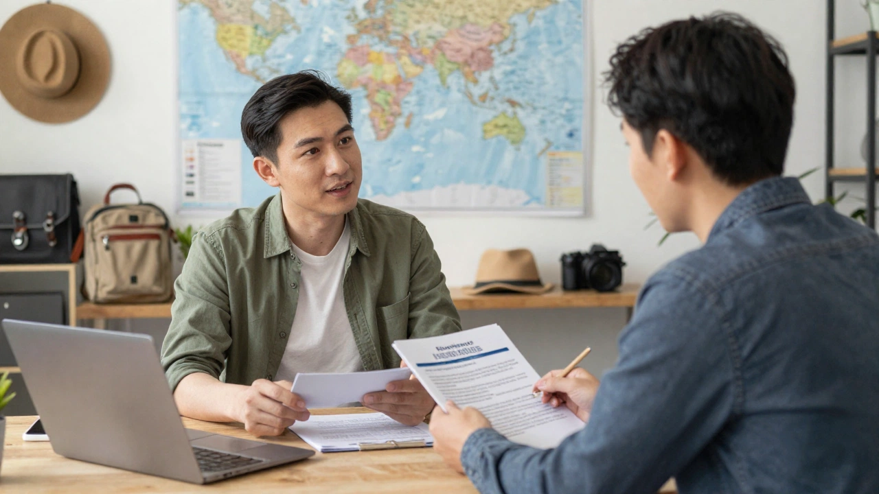Traveler discussing travel insurance plan with agent in cozy office