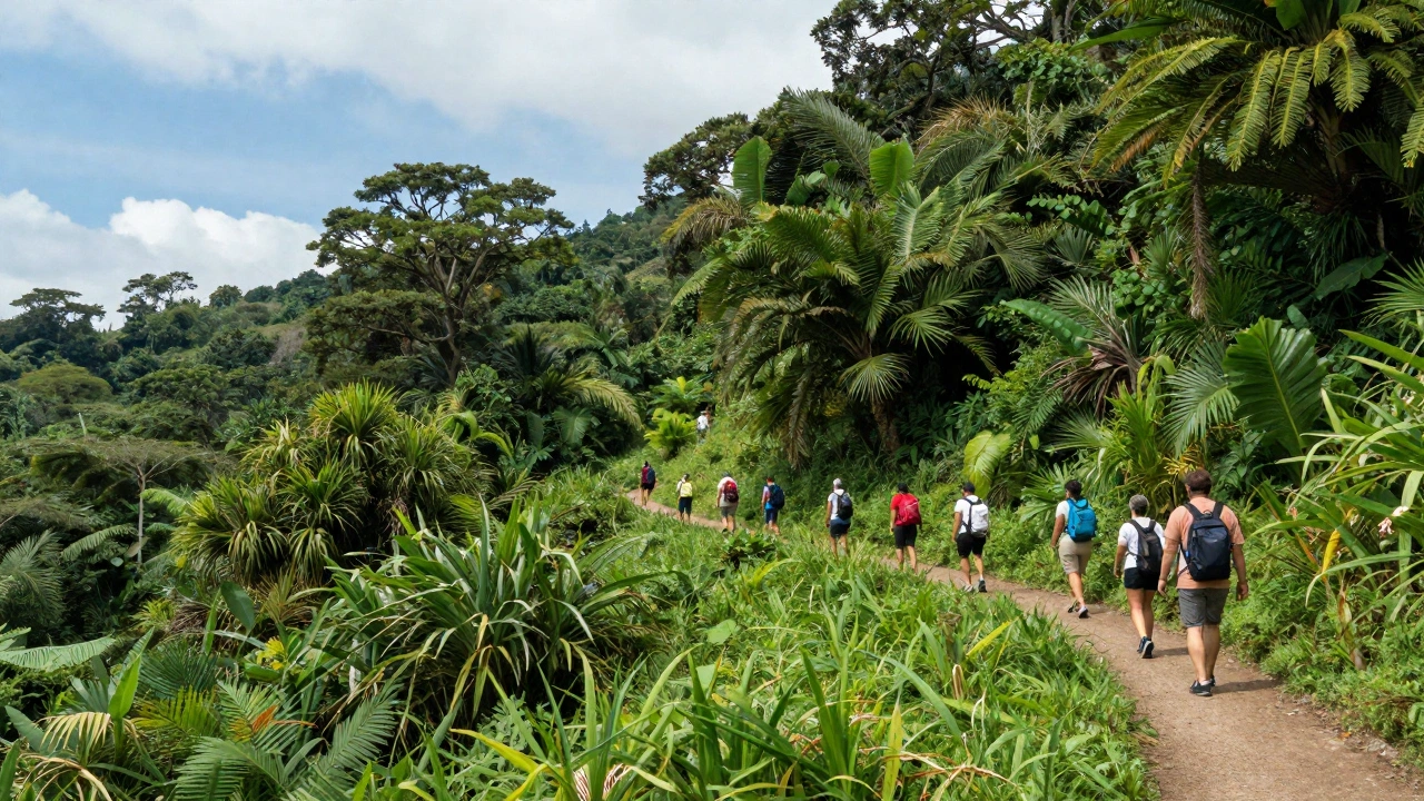 A lush natural landscape representing sustainable tourism, such as a pristine national park with diverse flora and fauna, where a small group of eco-conscious travelers hike along a trail, surrounded by greenery and clear skies.