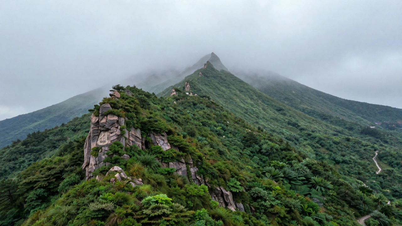 A serene landscape view of Mount Paektu's sacred peaks with lush greenery and mist