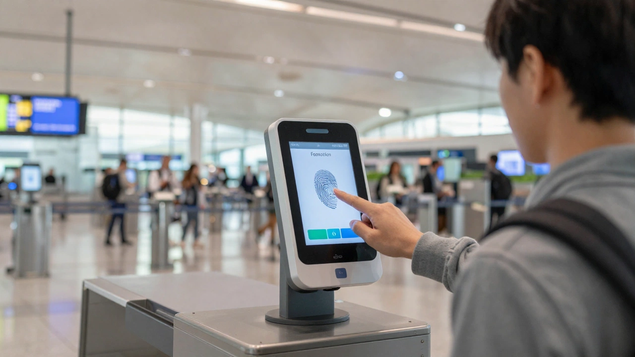 A serene scene depicting a traveler using biometric technology at a modern airport checkpoint with soft lighting, showcasing fingerprint and facial recognition devices, with an atmosphere of efficiency and emerging digital travel processes.