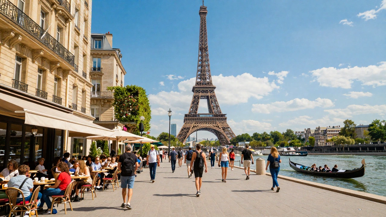 A vibrant European cityscape during daytime, featuring iconic landmarks such as the Eiffel Tower and gondolas on Venetian canals, filled with tourists enjoying coffee at outdoor cafes and strolling historic streets, conveying excitement and charm of popular short-trip destinations.