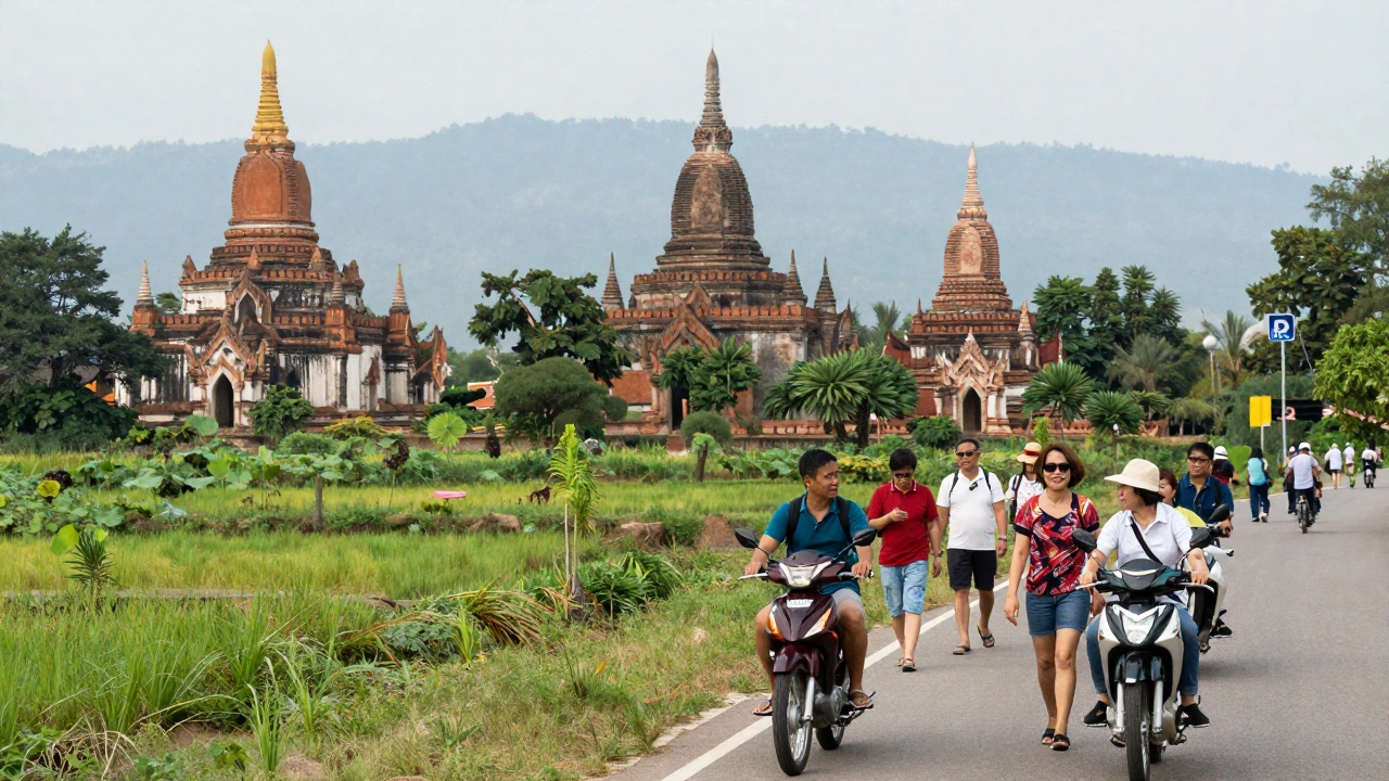 A mix of travelers exploring iconic Thai cultural sites such as ancient temples nestled in lush green landscapes