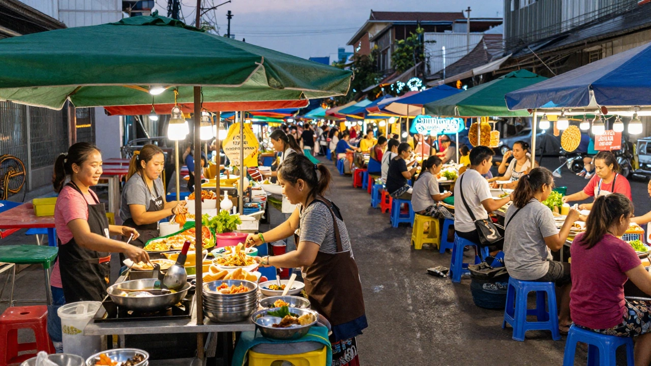A vibrant street market scene in Thailand during the evening, filled with colorful food stalls and smiling vendors cooking authentic street food