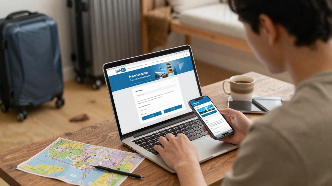 A cozy, modern room where a traveler is comfortably using a laptop or smartphone to register for a travel safety program, surrounded by travel gear and maps, with a warm, focused ambiance.