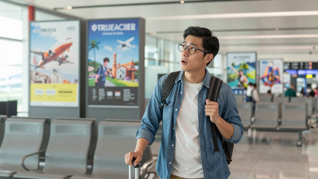A solo traveler standing at an airport departure gate looking excited yet cautious, with a backdrop of international destination posters and an atmosphere of anticipation for an overseas adventure.