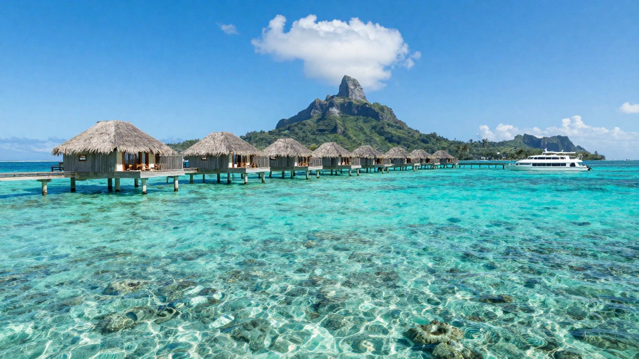 A serene tropical paradise of Bora Bora featuring turquoise lagoons, overwater bungalows stretching into the calm sea, vibrant coral reefs visible beneath the clear water, and a luxurious boat anchored nearby under a bright sunny sky.
