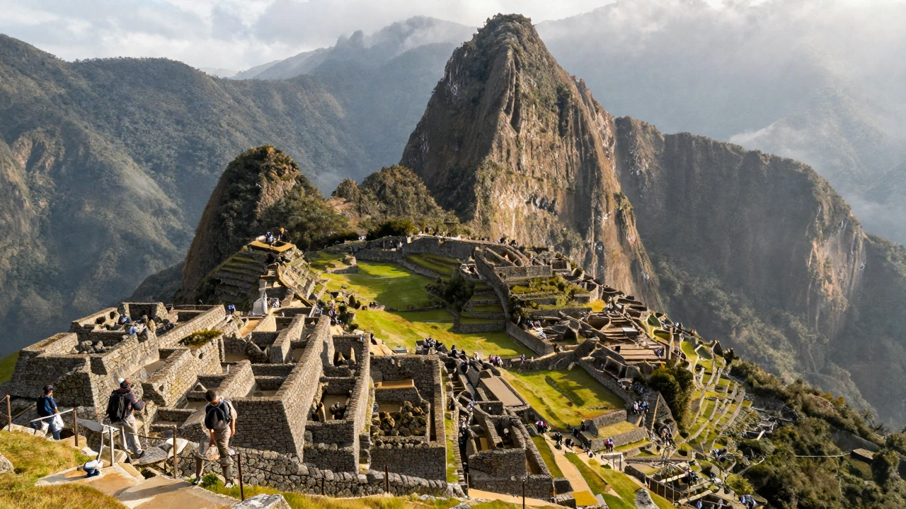 The ancient ruins of Machu Picchu perched high in the Andes mountains at sunrise, with mist drifting through the valleys and trekkers admiring the breathtaking landscape and Incan stone structures.