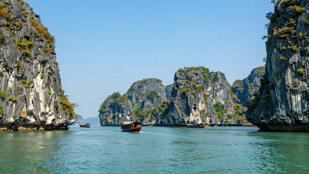 A dramatic view of Hạ Long Bay, Vietnam with towering limestone karsts rising from emerald waters, traditional wooden boats gently sailing, under a clear blue sky.